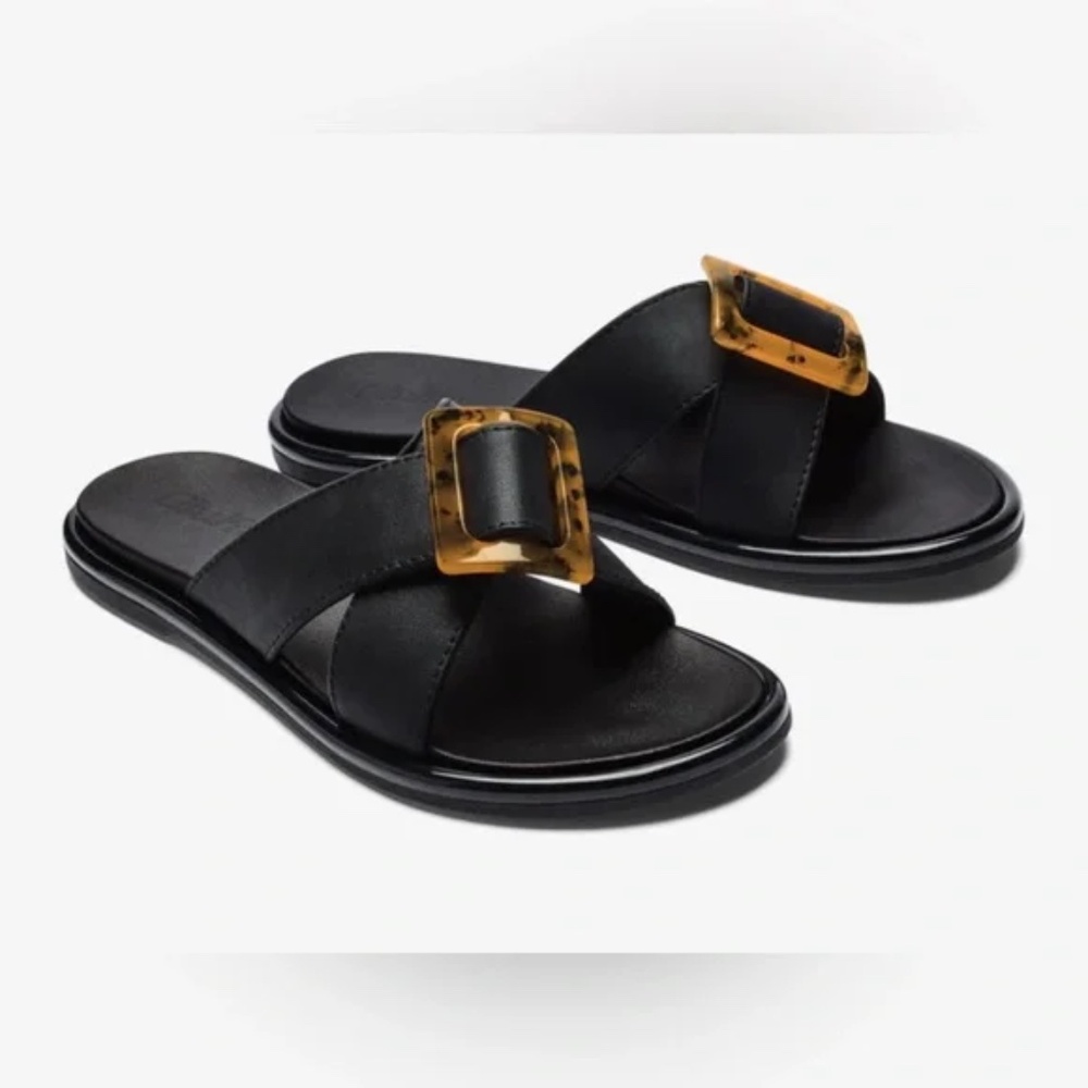 OluKai Black Slide Sandals with Tortoiseshell Buckle